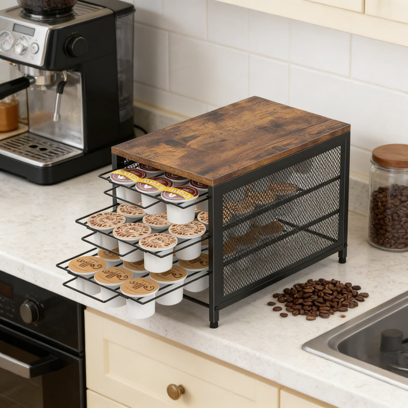 Organisateur de porte-dosettes à café avec tiroirs coulissants, support de rangement à 3 niveaux pour K-Cups Keurig, station de comptoir de capacité 54 avec plateau en bois robuste et conception empilable