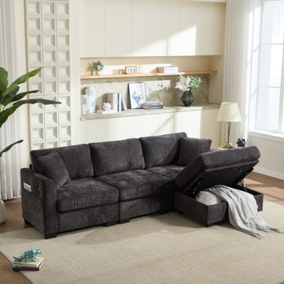 Modern L-Shaped Cloud Sectional Chenille Sofa With Dual USB, Ottoman Storage, And Side Pockets, 4-Seat, Black
