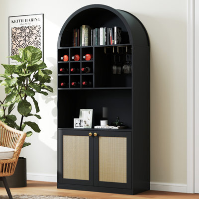 70.86" Height Arched Bar Cabinet With Wine Rack, Farmhouse Wine Cabinet With Rattan Cabinet And Open Shelves by Bay Isle Home
