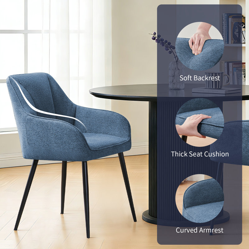 Scandinavian Soft Textured Armchair Upholstered with Thickened Cushion Dining Chair, Dusty Indigo, 2