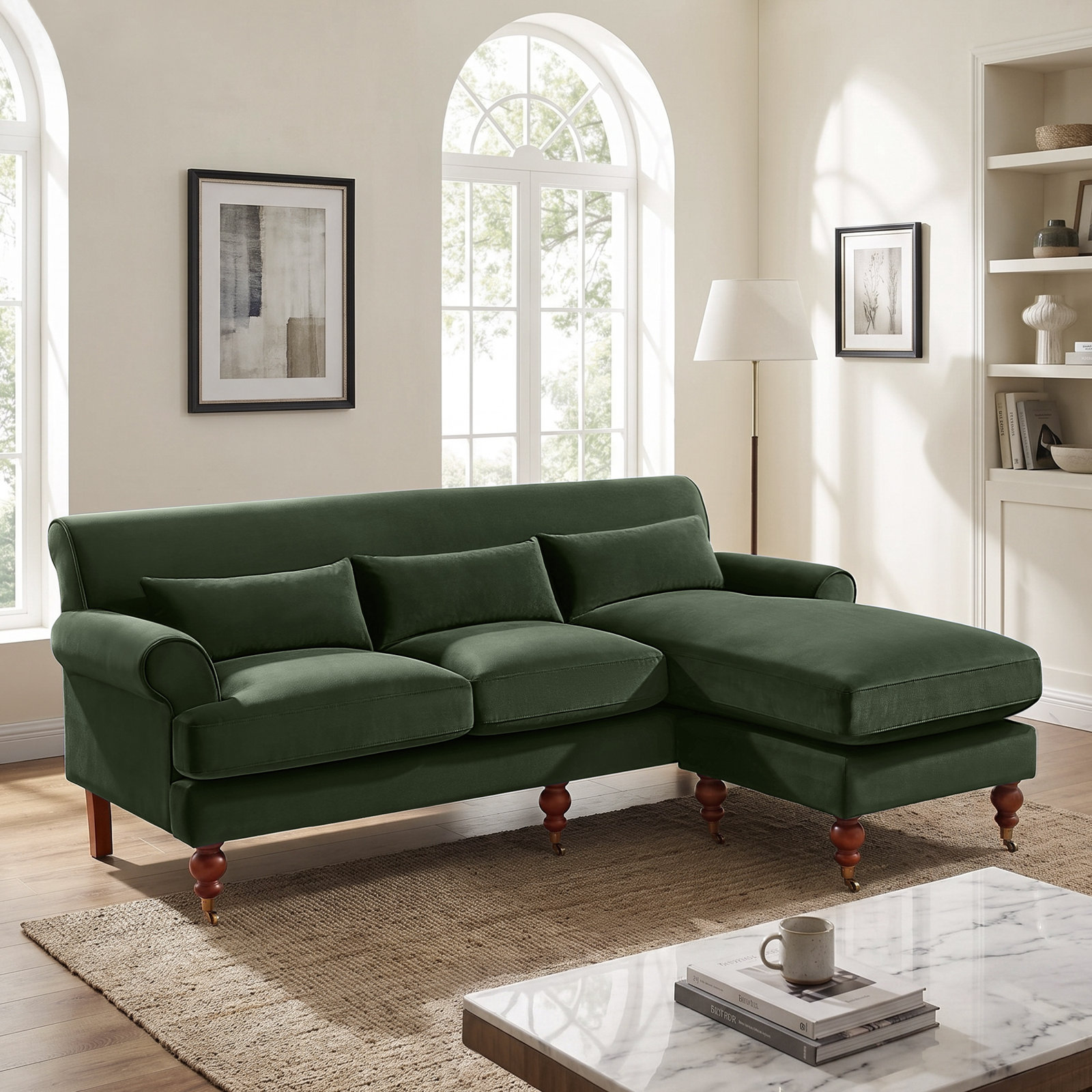 Upholstered Sectional, Kelly Green Velvet