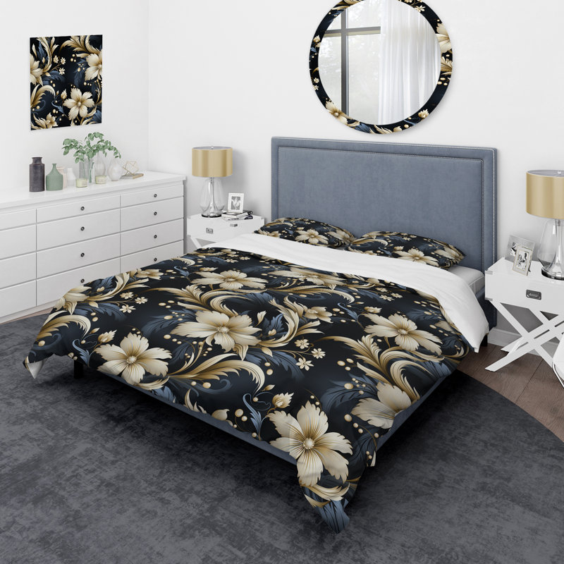 Ensemble de housse de couette Deep Black Silver Flowers Elegance I - Glam, Housse de couette simple + 1 taie décorative stan