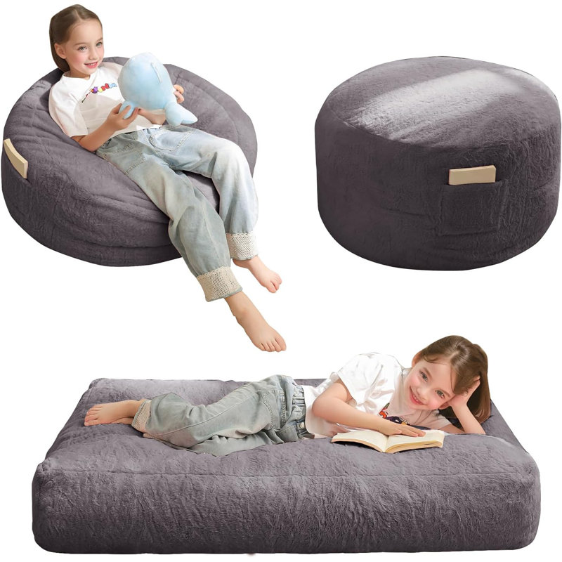 Fauteuil à billes convertible pour enfants, Fausse fourrure grise foncée