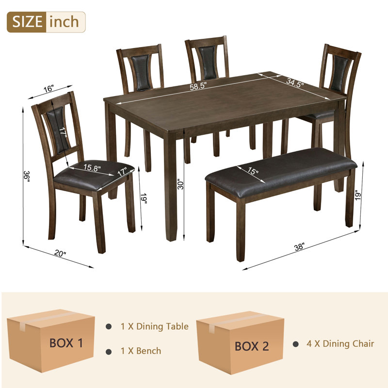 Ensemble de table de salle à manger 6 pièces avec banc et chaises, ensemble de table à manger en bois pour 6 personnes, ensemble de table de salle à manger de style rustique pour 6 personnes Farmhouse