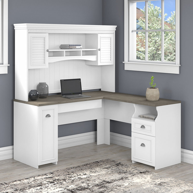Ozro L-Shaped Executive Desk, Shiplap Gray/Pure White