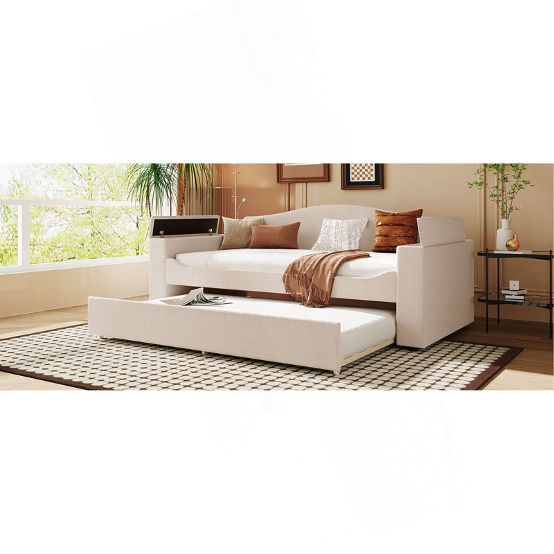 Upholstered Daybed With Storage Armrests, Trundle And Latest Integrated Bluetooth Audio System, Teddy Fleece