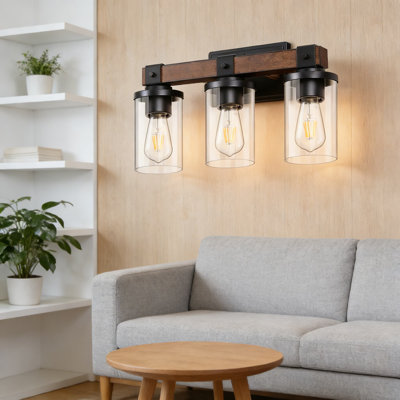 Farmhouse Vanity Lights For Bathroom, 2-Light Wall Sconce With Clear Glass Shade And Painted Wood Accent, Reversible Mounting For Over Mirror Or Ambient Lighting In Bath, Bedroom, Or Powder Room