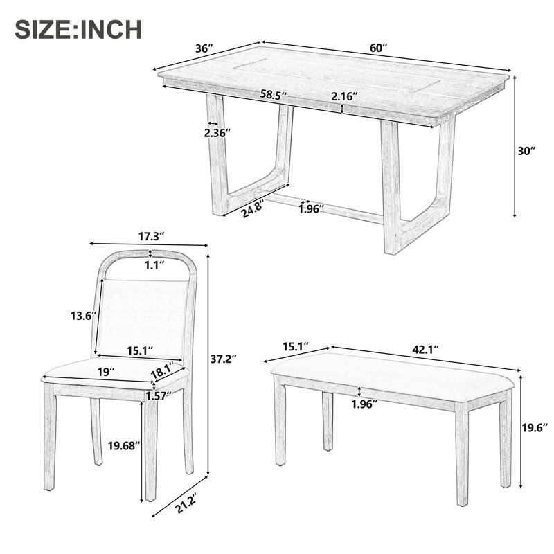 Ensemble de salle à manger 6 pièces avec banc rembourré Bennett, Brown