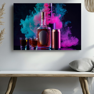 Toile «A Vibrant Neon Lit Still Life Composition Composition A A Prominnent», art mural avec bouteille de cognac Hennessy et son art mural complexe