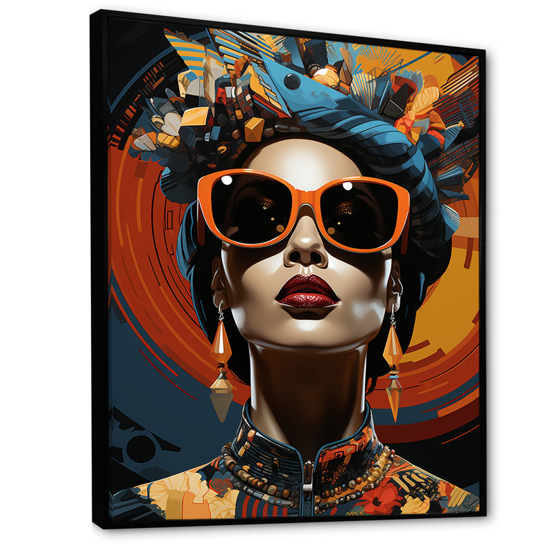 Orange et bleu, femme africaine, lunettes de soleil I - art mural femme africaine, Cadre flottant noir