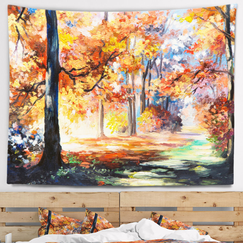 Paysage automne sentier en forêt tapisserie, H 78 po x l 92 po
