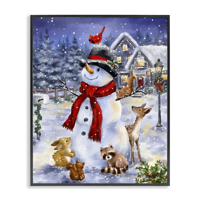 Bonhomme de neige et animaux de la forêt, estampe numérique encadrée par Jean-François, Giclée encadrée noir minuit