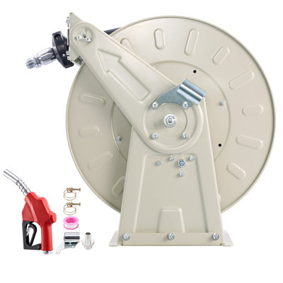 Fuel Hose Reel, 1 inch x 50 ft Retractable, 300 PSI, Spring Driven Auto Swivel Rewind, Heavy-Duty Carbon Steel Construction with Industrial Grade Rubber Hose, Kerosene, Designed for Diesel Fuel