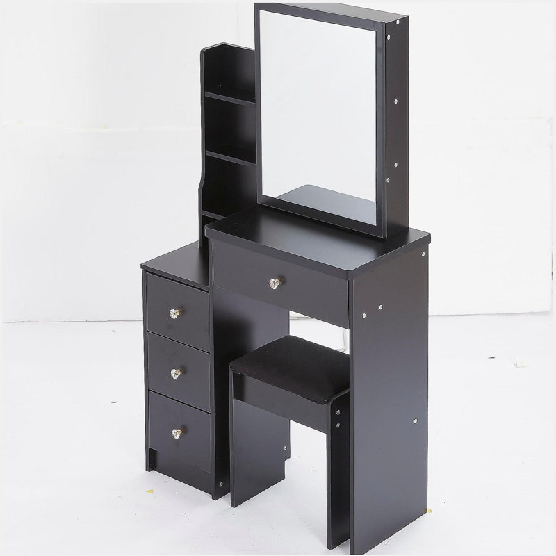 29.2" Small Space Left Bedside Cabinet Vanity Table + Cushioned Stool, Extra Large Right sliding mirror, Multi Layer High Capacity Storage, Practical Fashionable Dresser, Suitable For Small Space
