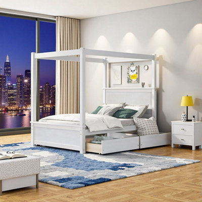 Elegant Full Size Wood Canopy Bed with 2 Drawers – Brushed White, No Box Spring Needed, Modern Platform Bed with Storage