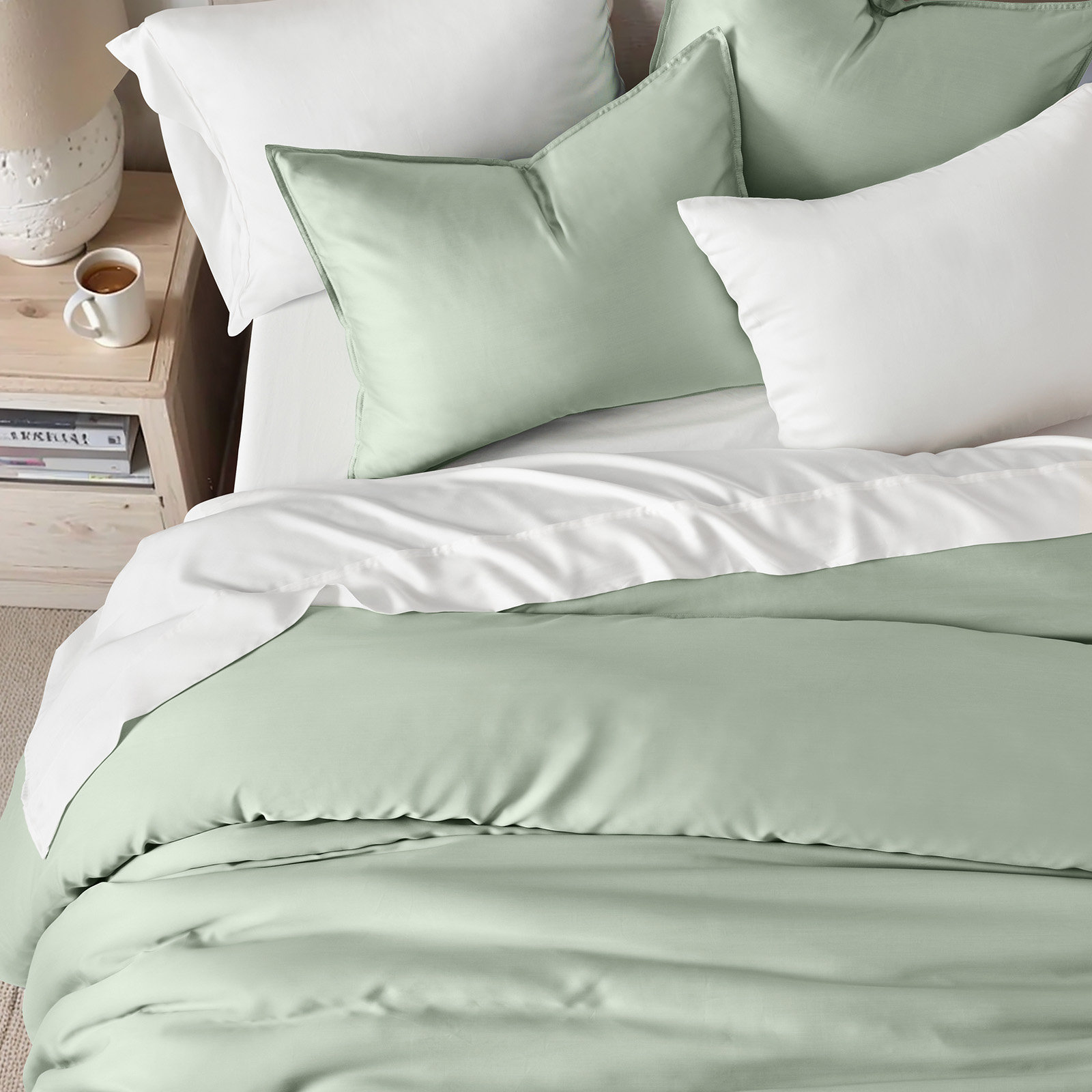 Tencel Lyocell Cooling Duvet Cover Set, Sage Tea Green, King Duvet Cover + 2 King Shams