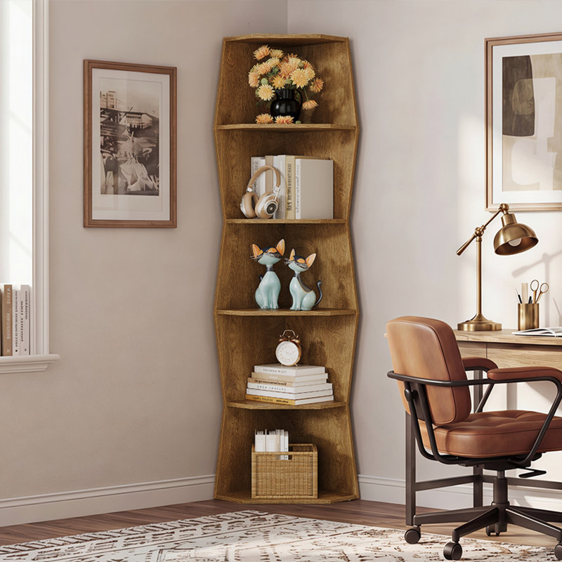 6-Tier Modern Farmhouse Corner Bookshelf With Wavy Side Design For Living Room & Bedroom, Oak