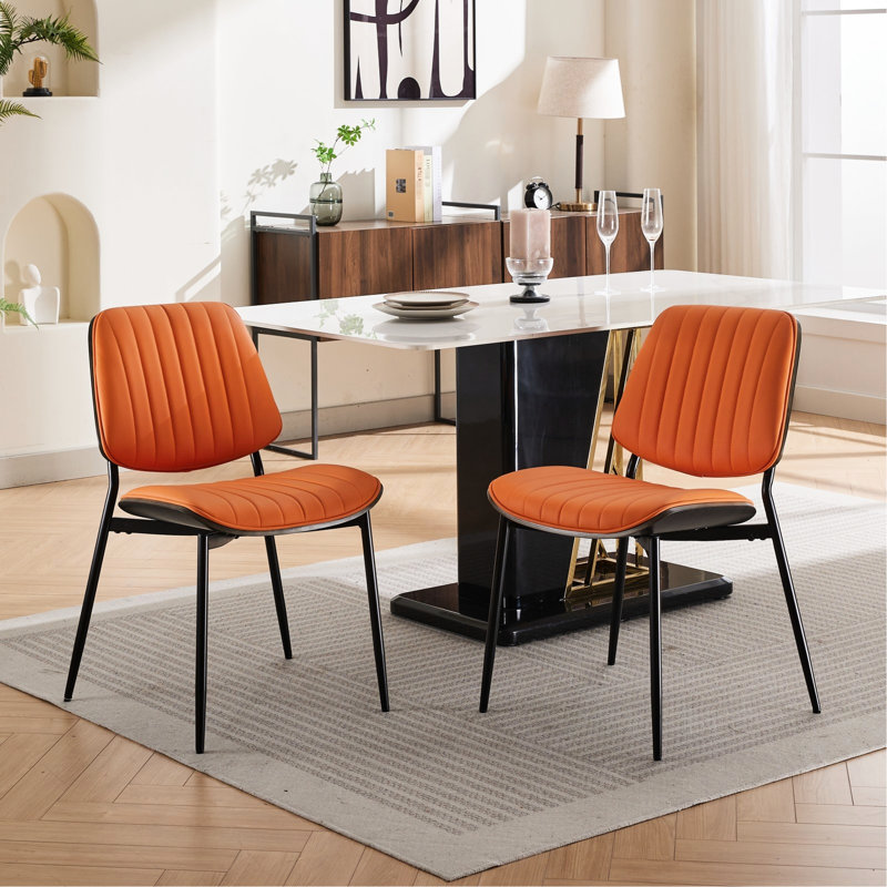 Of 2 Mid Century Modern Dining Chairs, Orange Pu Fabric, Walnut , Metal Legs, Ergonomic & Fashionable For Room Kitchen Office Mid-Century Upholstery, Back, Waterproof