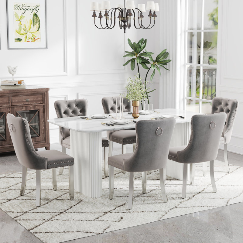 Ensemble de salle à manger rectangulaire en bois avec chaise capitonnée, Gris, 7