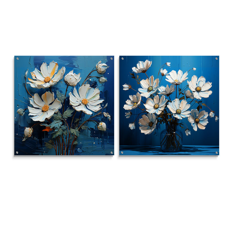 «White Blue Flowers Quirky», ensemble de 2 peintures murales en acrylique sur verre, H 16 po x l 33 po