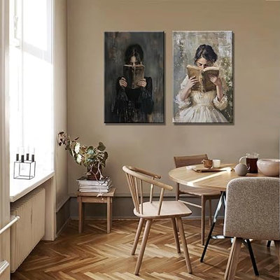 Art universitaire noir foncé rétro gothique femme lisant un livre affiche impression esthétique Moody foncé College Girl peinture image décoration murale pour bibliothèque chambre dortoir salon 16 x 24 po 2 pièces