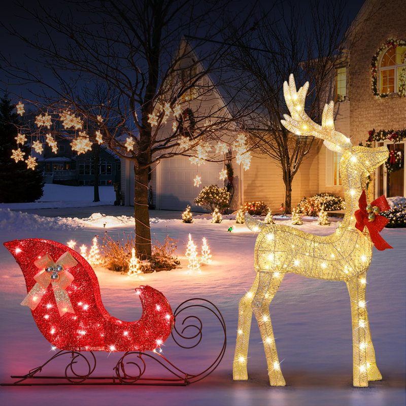 Décoration de Noël de renne pour la cour, 2 pièces de renne lumineux et traîneau pour les décorations extérieures de Noël