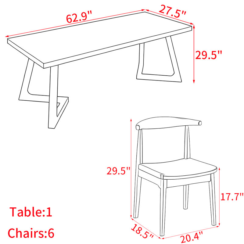 Ensemble de table de salle à manger en bois massif de style américain, H 29,50 po x L 62,90 po x l 27,50 po