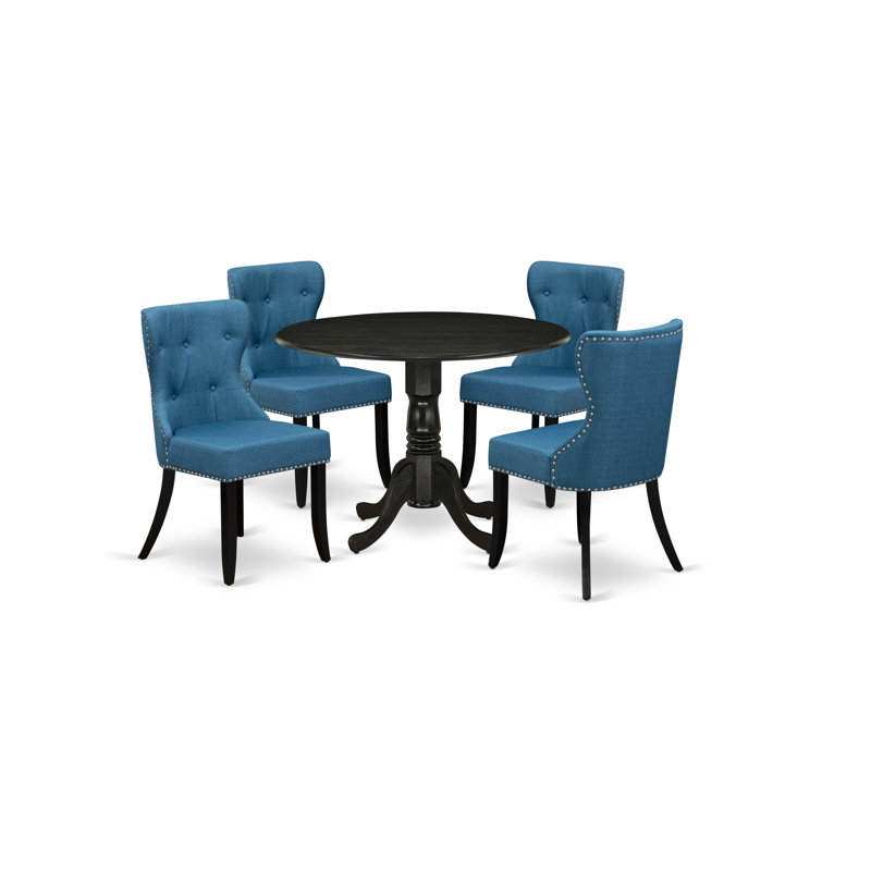 5 Piece Kitchen Table & Chairs Set Includes a Round Dining Room Table with Dropleaf and 4 Blue Linen Fabric Upholstered Chairs, 42x42 Inch, Wirebrushed Black