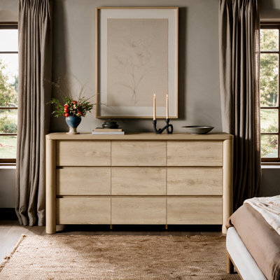 Commode Rondo 63 po L en bois naturel, 9 tiroirs, style moderne, pour chambre ou salon, chêne naturel