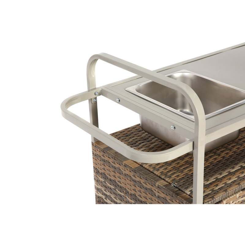 Patio Bar Table With Steel Top & Cabinet - Beige Outdoor Cart Cabinet, Lockable Wheels, All-Weather, Side Basket, Simple Assembly Process Sports Top, Effortless Setup