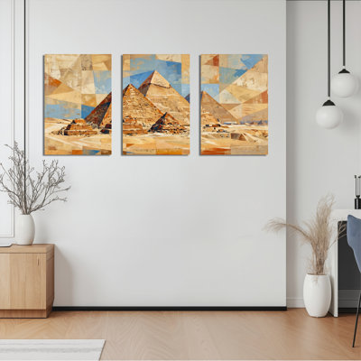 Egyptian Pyramids Geometric Abstract Canvas Wrapped Wall Art Oil Painting Print Set Of 3
