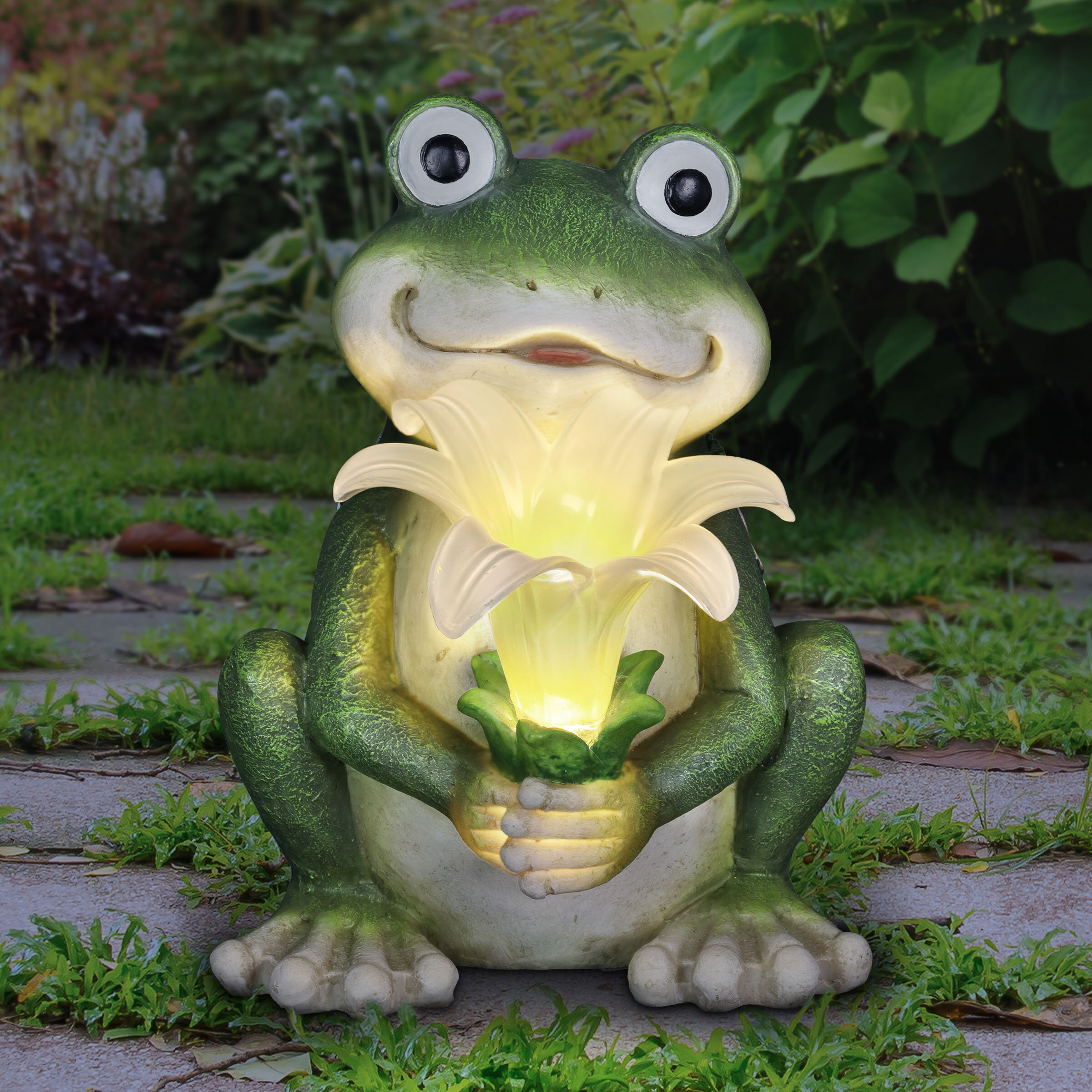 Exhart Solar Frog with LED Flower Garden Statuary, 8 Inches tall