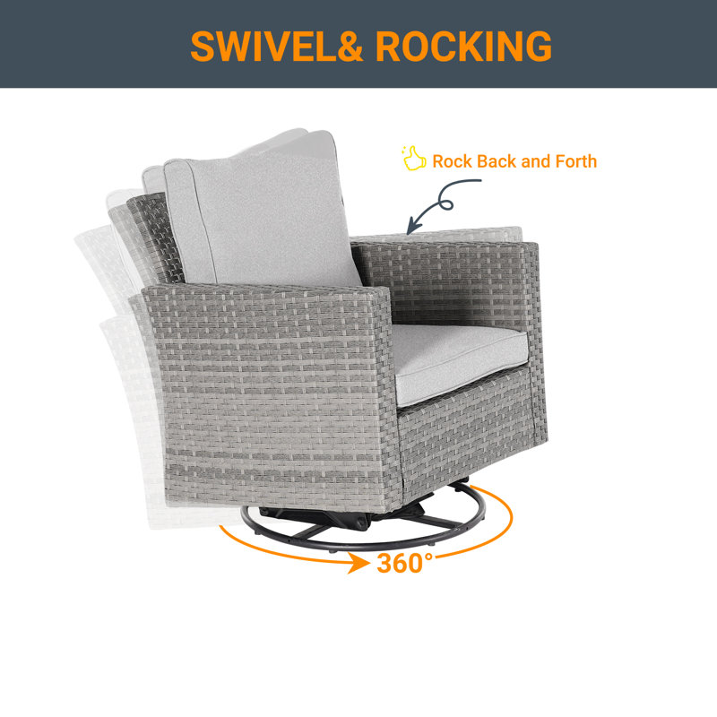 Ashvin 5 Piece Wicker Conversation Set with Cushions and Rocking Swivel Chairs, Linen Gray