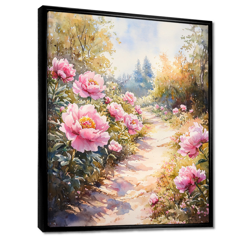 Pivoines le long du chemin de terre II - Pivoines, impressions sur toile, Noir, Reproduction avec cadre flottant