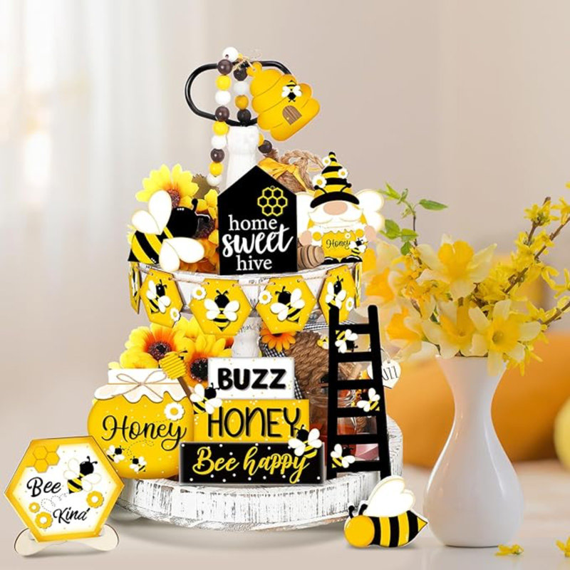 Ensemble de 15 plateaux à abeilles à plateaux décoratifs en bois avec abeilles décoratives de table «Sweet Hive»