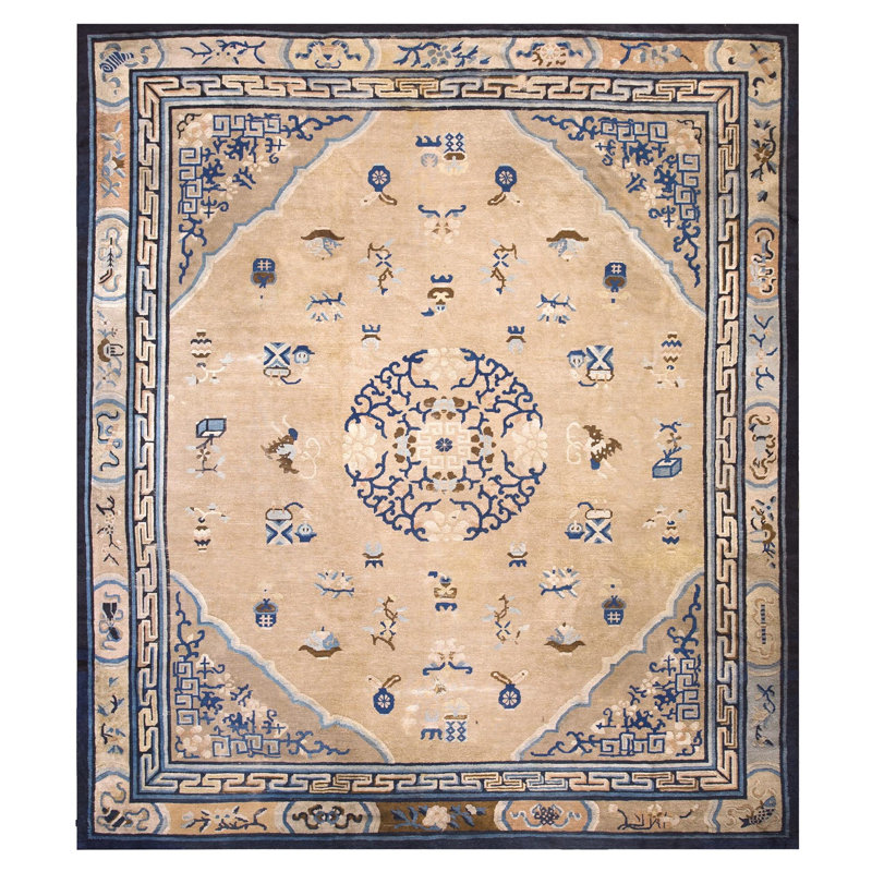 Antique Square Room Size Ivory and Blue Chinese Ningxia Rug