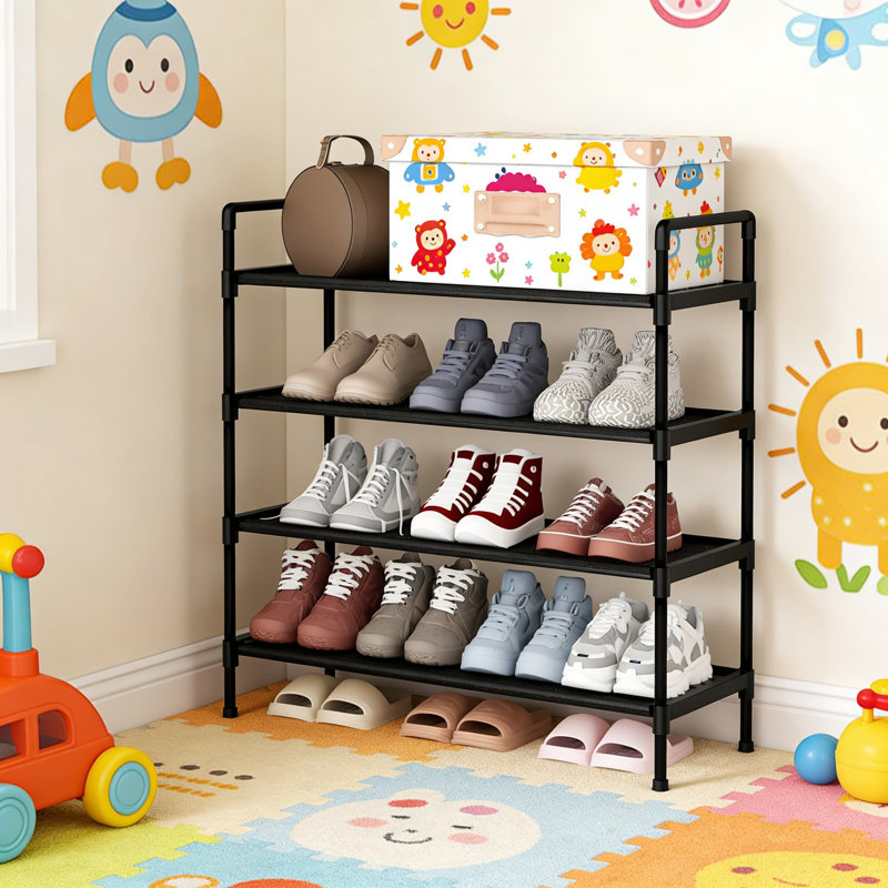 Étagère à chaussures étroite à 4 niveaux pour le couloir d'entrée ou le rangement de la chambre à coucher, conception facile à assembler et peu encombrante avec tablettes réglables