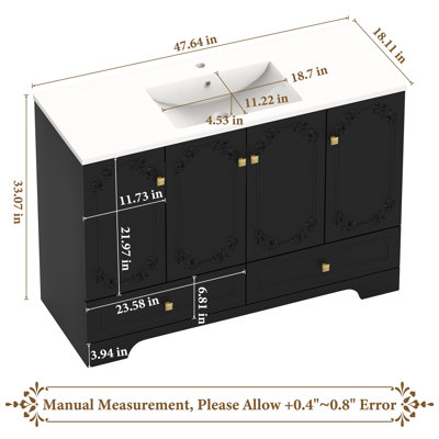 Armoire de salle de bain 48 po style français sculptée noire, armoire de rangement abondante - 4 portes à fermeture douce et 2 tiroirs