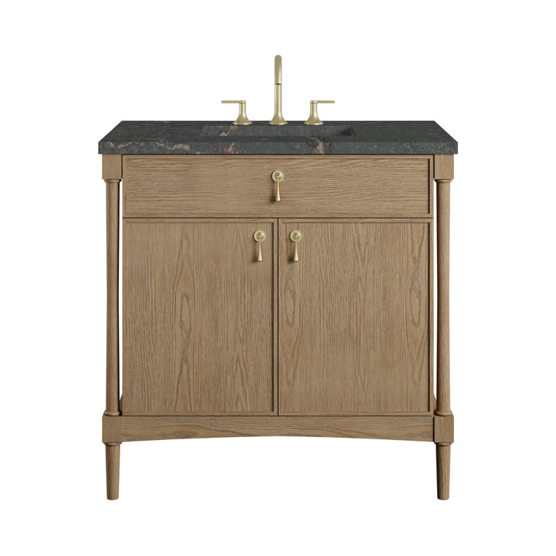 Kinnsden 36" W Single Vanity, Parisien Bleu Silestone, 8" Widespread, Weathered Oak