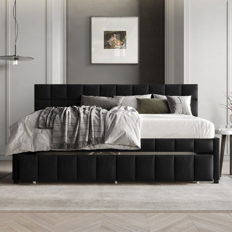 Twin Daybed Velvet With Trundle, Black