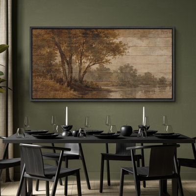 Sepia Mountain Forest River Landscape Vintage Nature Scenery Wall Decor - Large Framed Canvas Master Bedroom Wall Art Print