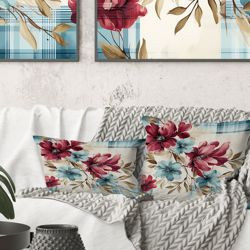 Bohemian Pink And Blue Plaid Flower Pattern - Plaid Printed Throw Pillow