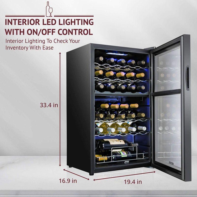 Schmecke 33 Bottle Freestanding Wine Refrigerator, Dual Zone Wine Fridge with Lock, Black