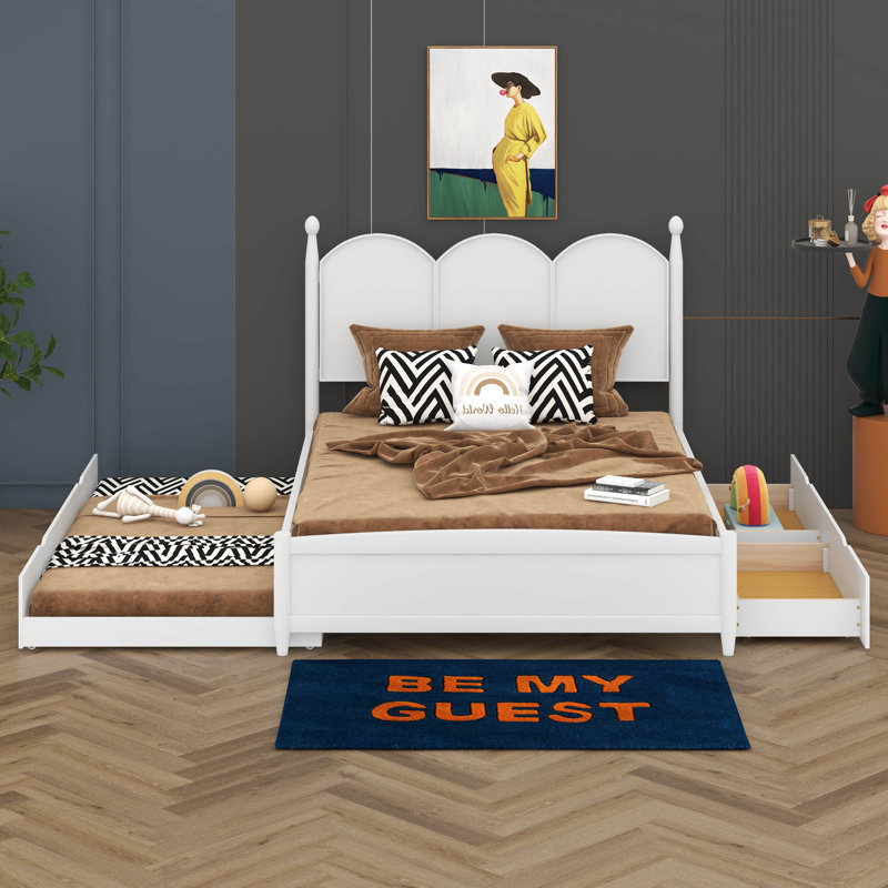 Grand lit plateforme avec 2 grands tiroirs, lit gigogne simple TG, Blanc