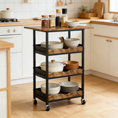 4-Tier Rolling Utility Cart With Wooden Tabletop - Mobile Kitchen Cart, Office Organizer, Craft Trolley, And Makeup Cart With Locking Wheels For Home And Office