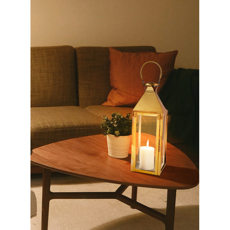 Lanterne de table en acier inoxydable, Doré, H 16,50 po x l 6 po x P 6 po