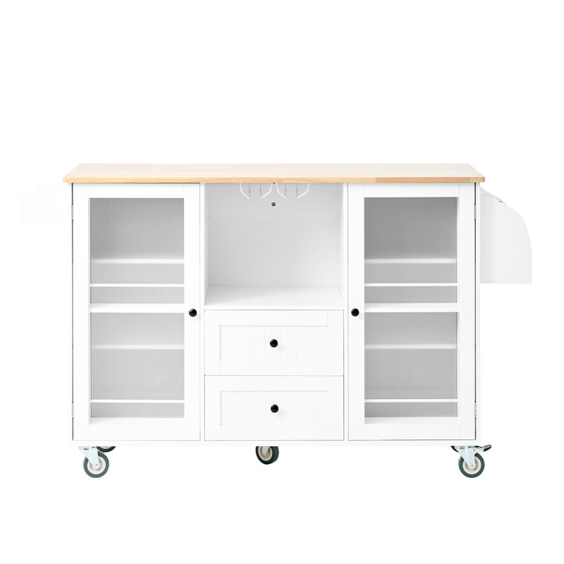 Kitchen Trolley With Drop - Leaf Table Area, 2 Drawers, Door Cupboard, Towel And Spice , White Rubberwood Design, 47.76 In Depth, Easy To Roll Workspace, Finish, Frame, 33.92 Height, 103.33 Lb