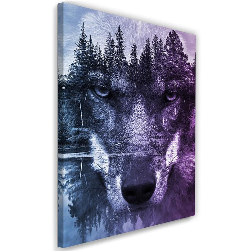 Leinwandbild Abstrakter Wolf auf einem Wald und See Hintergrund