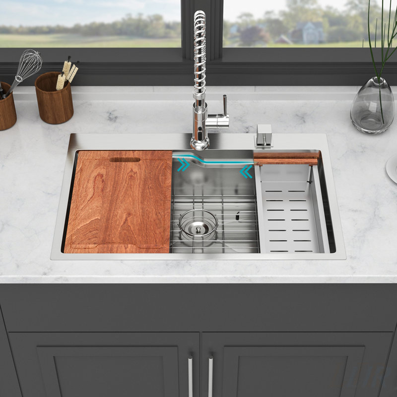 33 Inch Drop-in Kitchen Sink - Single Bowl 16 Gauge Stainless Steel Ledge Workstation for Efficient Meal Prep and Cleanup