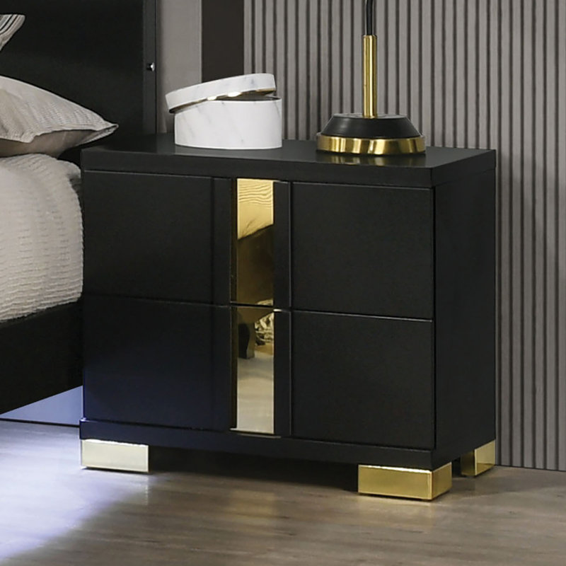 Table de chevet attrayante avec pieds en métal noir et doré, Noir